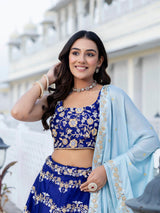 Blue Satin Sequin Embroidery Work Lehenga Choli with Dupatta Trendmalls