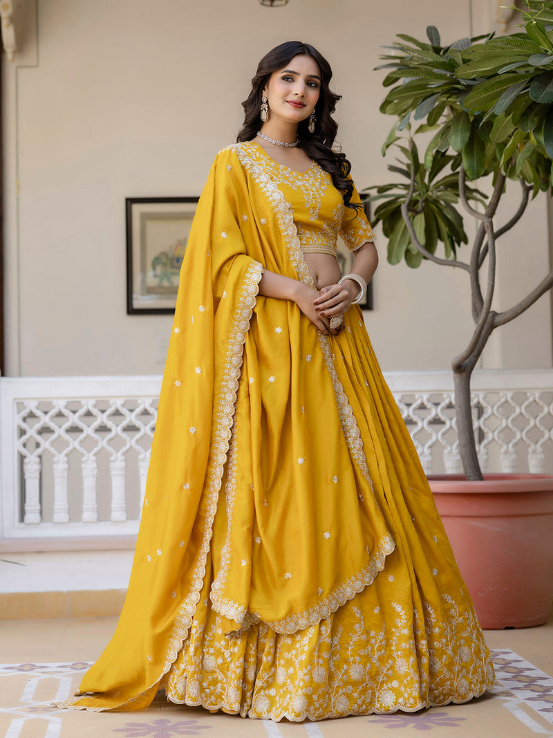Art Silk Embroidery Work Lehenga Choli with Dupatta | Bridal Haldi Lehenga Choli for women Trendmalls