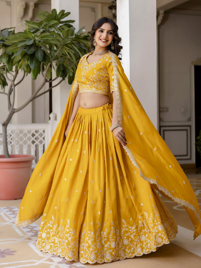 Art Silk Embroidery Work Lehenga Choli with Dupatta | Bridal Haldi Lehenga Choli for women Trendmalls