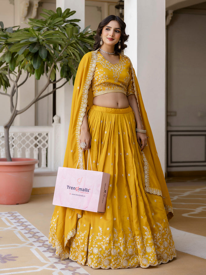 Art Silk Embroidery Work Lehenga Choli with Dupatta | Bridal Haldi Lehenga Choli for women Trendmalls