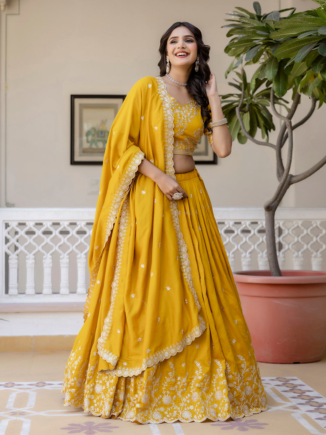 Art Silk Embroidery Work Lehenga Choli with Dupatta | Bridal Haldi Lehenga Choli for women Trendmalls