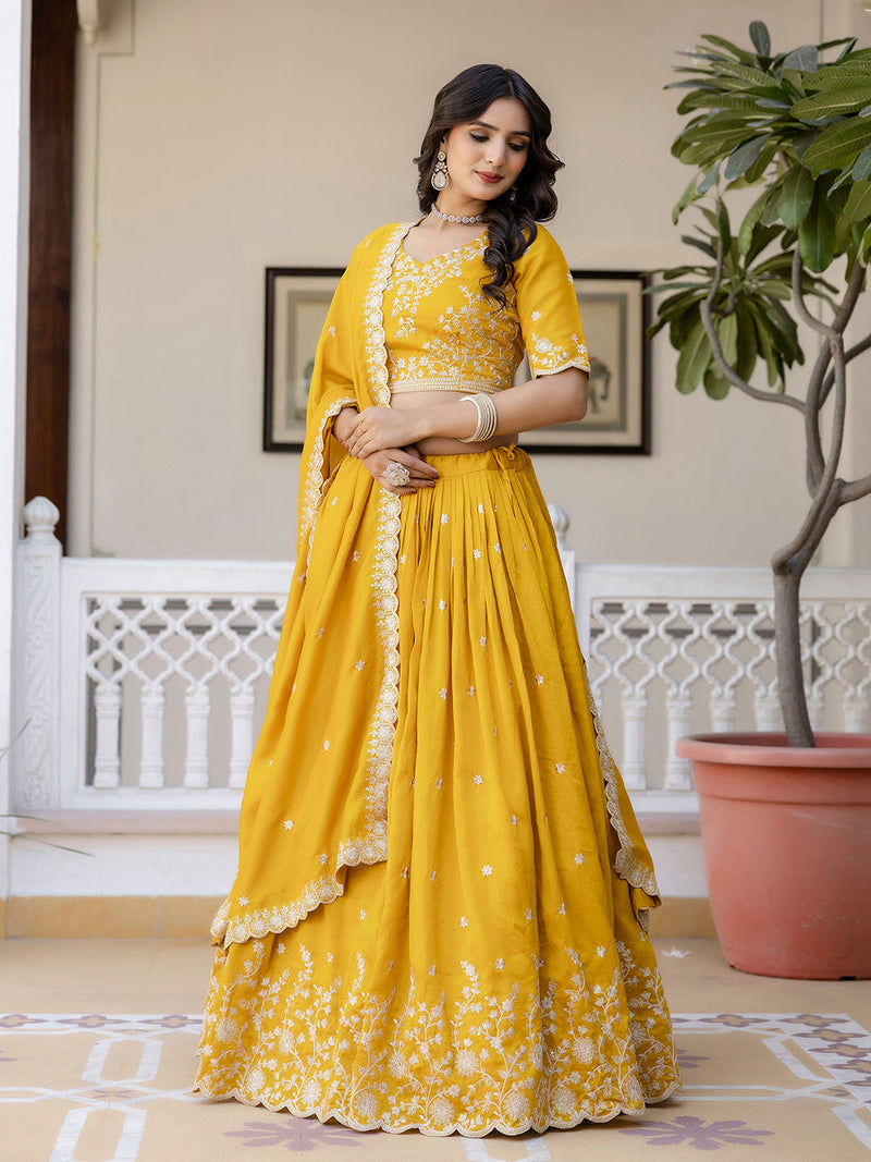 Art Silk Embroidery Work Lehenga Choli with Dupatta | Bridal Haldi Lehenga Choli for women Trendmalls