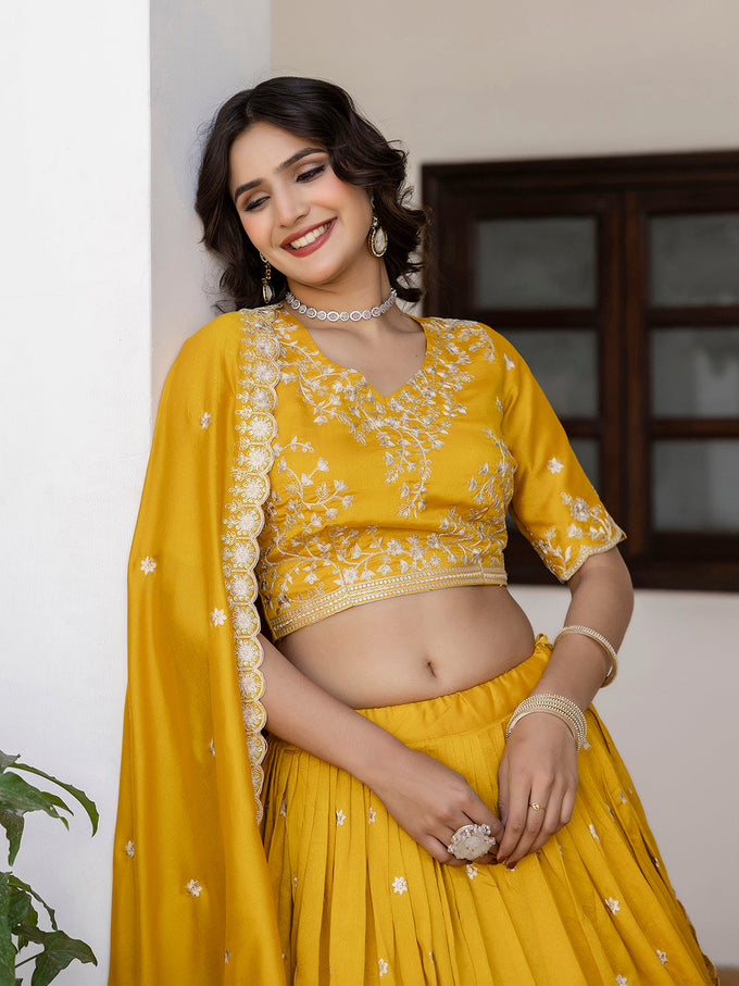 Art Silk Embroidery Work Lehenga Choli with Dupatta | Bridal Haldi Lehenga Choli for women Trendmalls