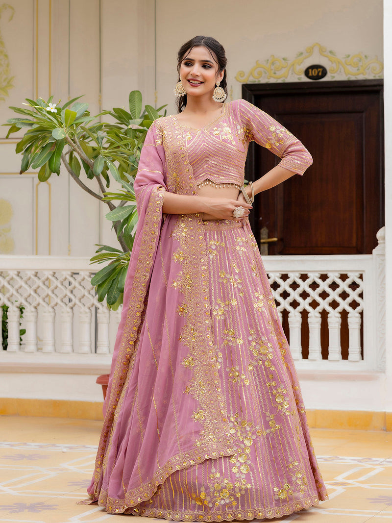 Light Pink Georgette Sequin Embroidery Lehenga Choli Dupatta Set ( SemiStitch ) Trendmalls