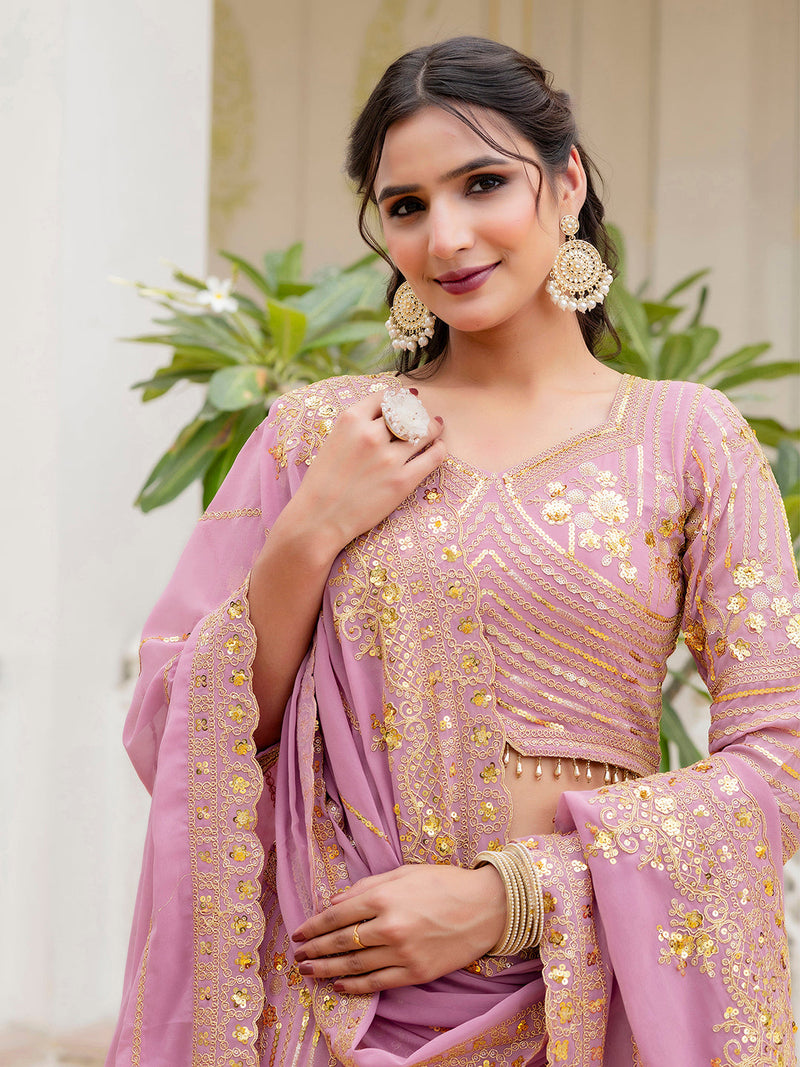 Light Pink Georgette Sequin Embroidery Lehenga Choli Dupatta Set ( SemiStitch ) Trendmalls