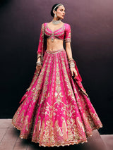 Pink Art Silk Semi Stitched Embroidery With Golden Sequin Work Lehenga Choli With Dupatta For Bridal Trendmalls