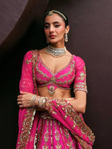 Pink Art Silk Semi Stitched Embroidery With Golden Sequin Work Lehenga Choli With Dupatta For Bridal Trendmalls
