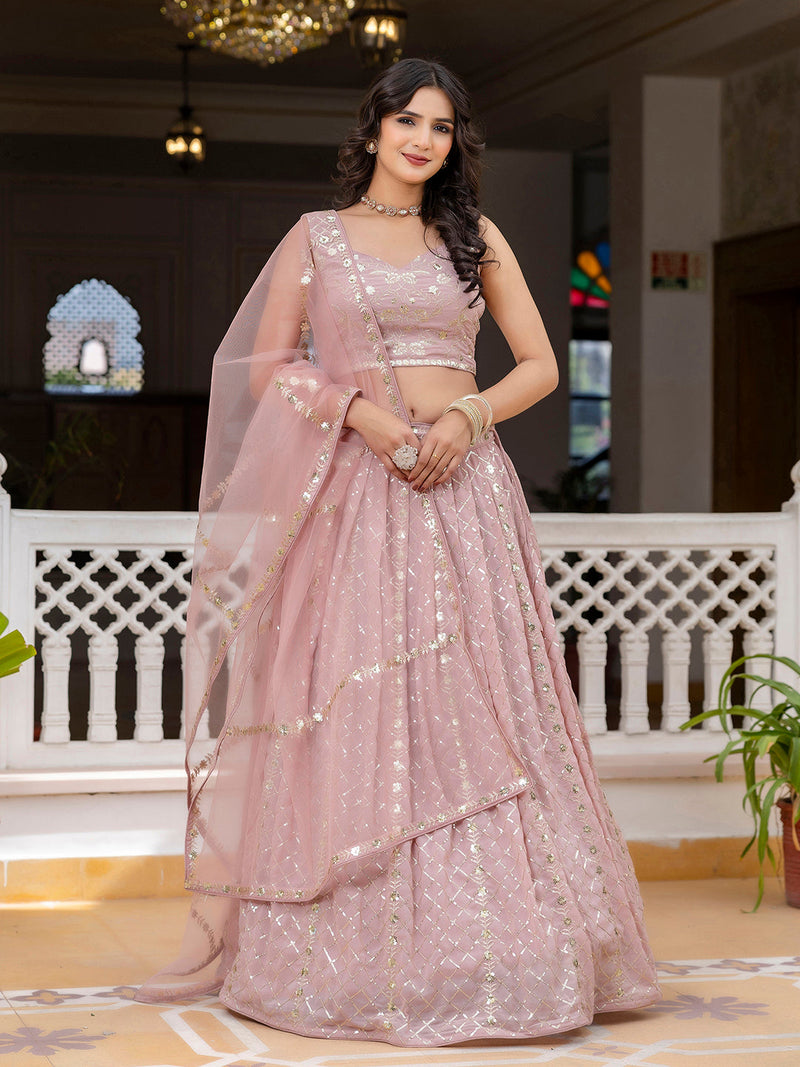 Light Pink Georgette Sequin Embroidery Work Lehenga Choli with Dupatta Trendmalls