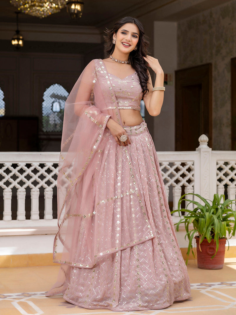 Light Pink Georgette Sequin Embroidery Work Lehenga Choli with Dupatta Trendmalls