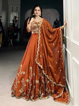 Orange Art Silk Semi Stitched Embroidery Work Lehenga Choli With Dupatta Trendmalls