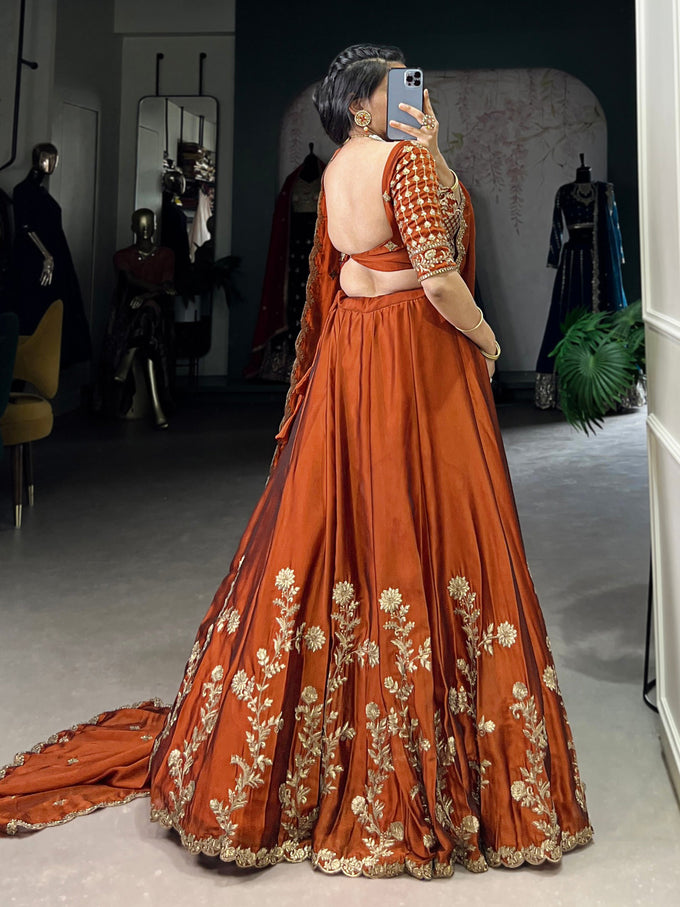 Orange Art Silk Semi Stitched Embroidery Work Lehenga Choli With Dupatta Trendmalls