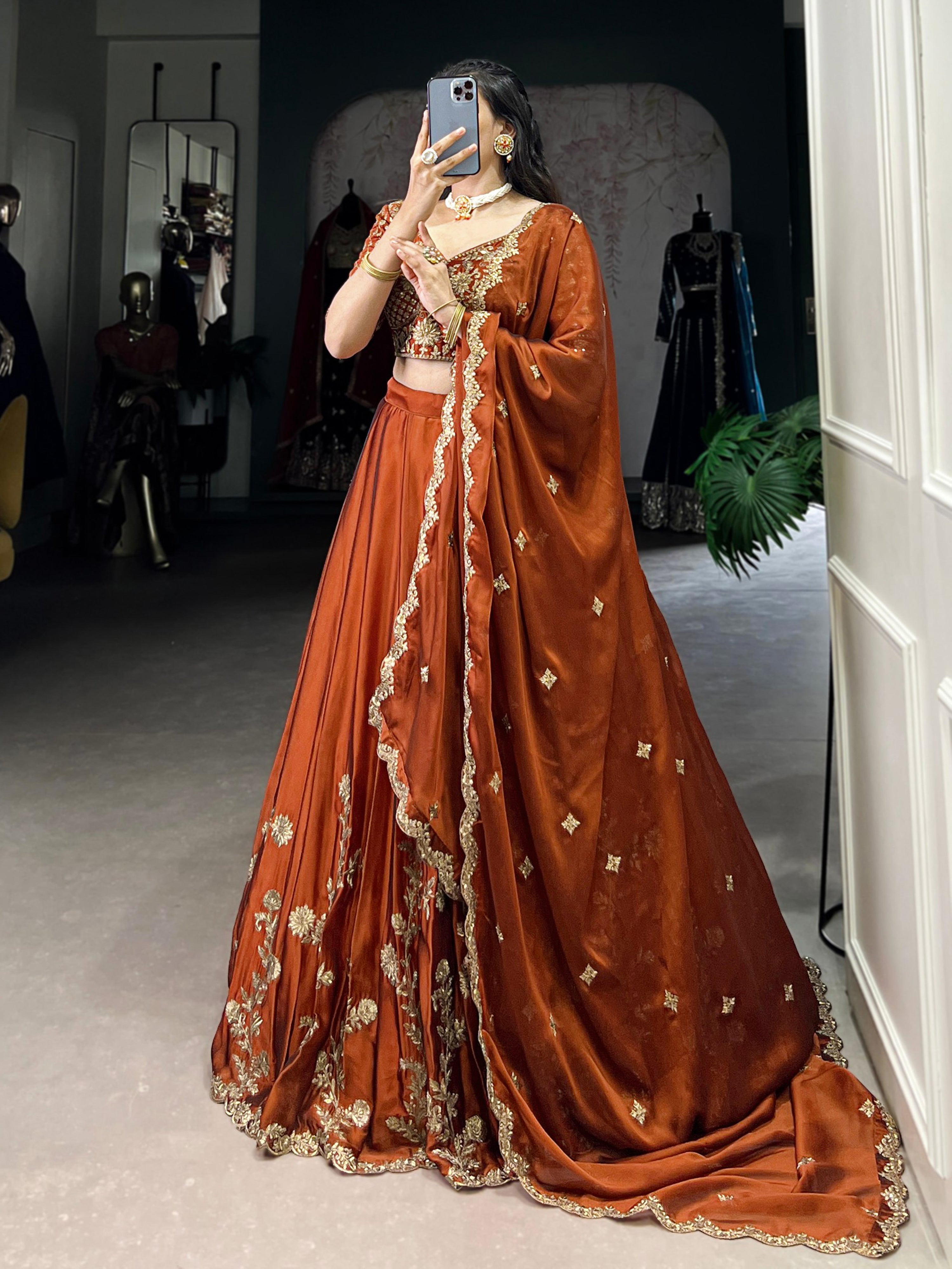 Orange Art Silk Semi Stitched Embroidery Work Lehenga Choli With Dupatta Trendmalls