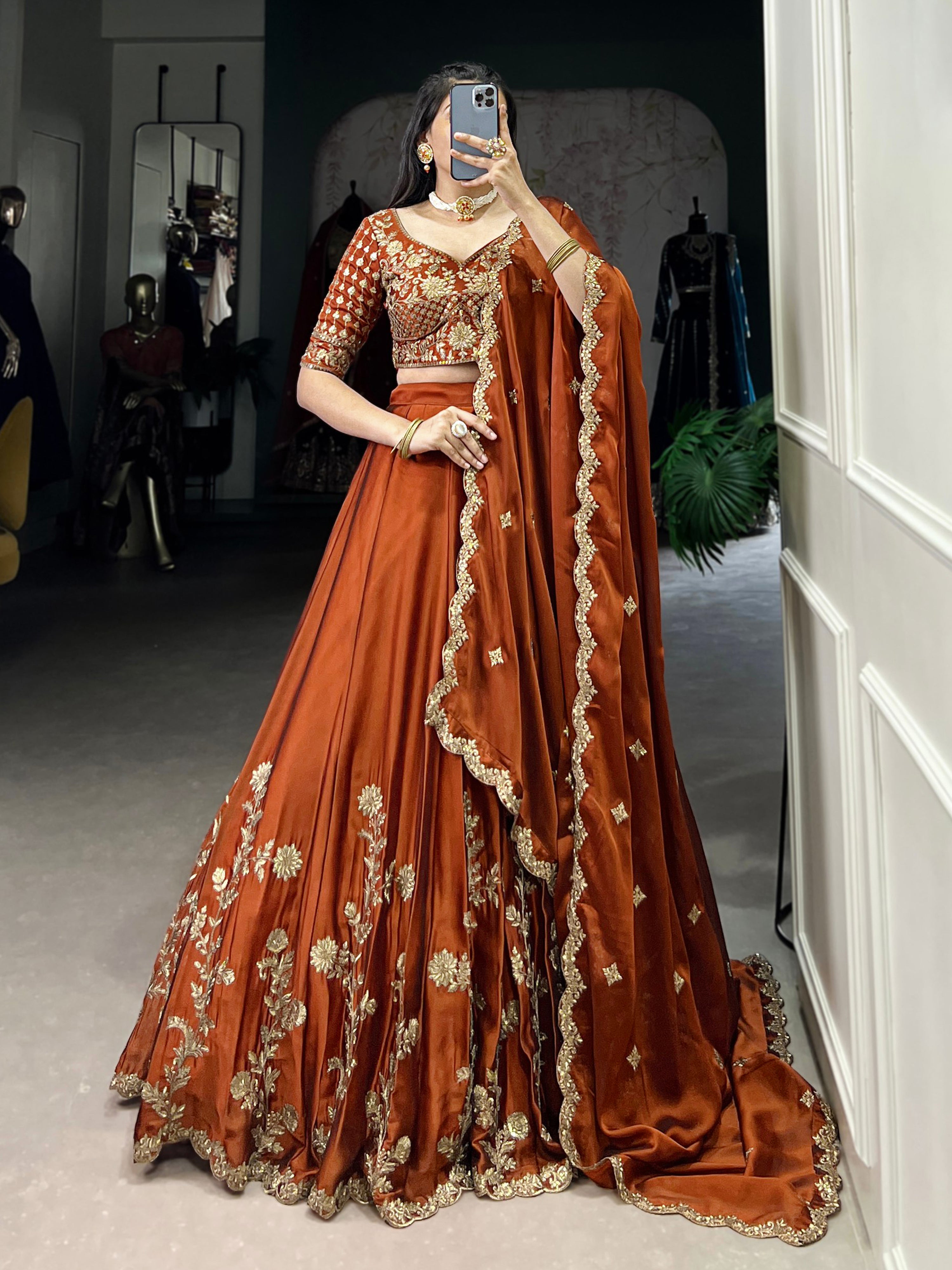 Orange Art Silk Semi Stitched Embroidery Work Lehenga Choli With Dupatta Trendmalls