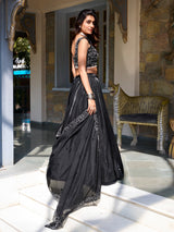 Black Tussar Silk Embroidered Semi-Stitched Lehenga & Unstitched Blouse With Dupatta