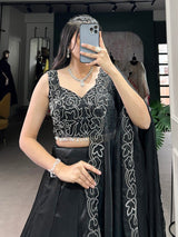 Black Tussar Silk Embroidered Semi-Stitched Lehenga & Unstitched Blouse With Dupatta