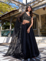 Black Tussar Silk Embroidered Semi-Stitched Lehenga & Unstitched Blouse With Dupatta
