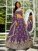 Purple Georgette Embroidery Work Lehenga Choli Unstitch Blouse With Dupatta For Women