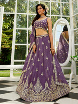 Purple Georgette Embroidery Work Lehenga Choli Unstitch Blouse With Dupatta For Women