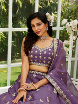 Purple Georgette Embroidery Work Lehenga Choli Unstitch Blouse With Dupatta For Women