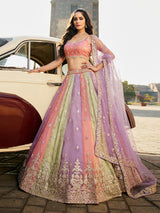 Multi Art Silk Embroidery Work Lehenga Choli Unstitch Blouse With Dupatta For Women