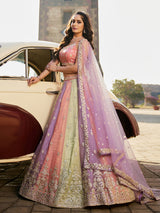 Multi Art Silk Embroidery Work Lehenga Choli Unstitch Blouse With Dupatta For Women