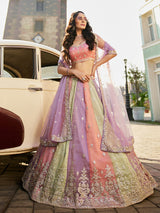 Multi Art Silk Embroidery Work Lehenga Choli Unstitch Blouse With Dupatta For Women