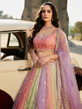 Multi Art Silk Embroidery Work Lehenga Choli Unstitch Blouse With Dupatta For Women