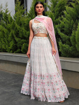 White Georgette Printed Lehenga Choli Unstitch Blouse with Dupatta For Women