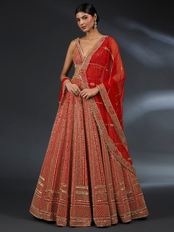 Red Satin Embroidery With Sequence Work Lehenga Choli Unstitch Blouse with Dupatta For Women