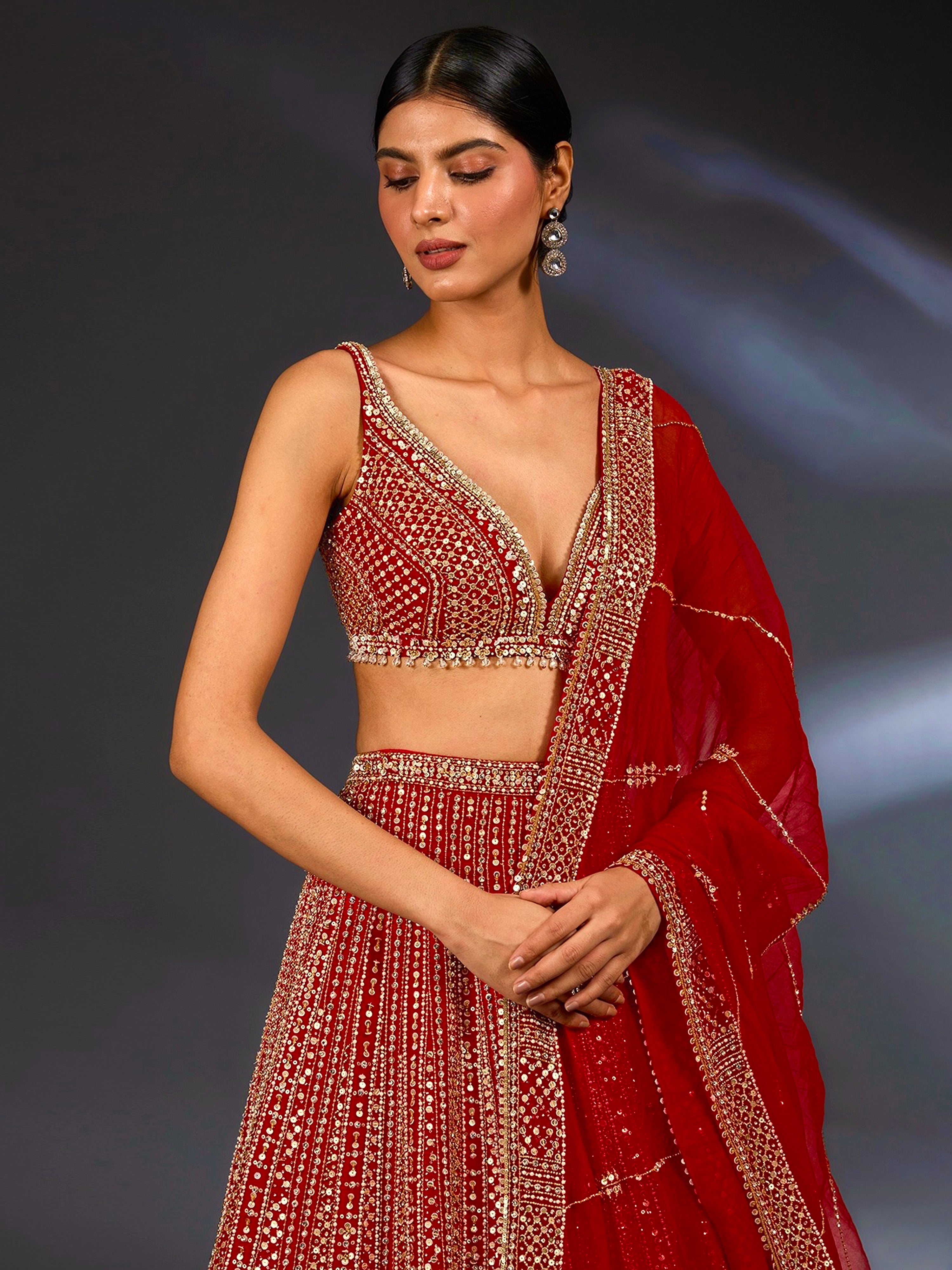 Red Satin Embroidery With Sequence Work Lehenga Choli Unstitch Blouse with Dupatta For Women