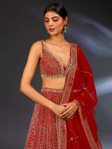 Red Satin Embroidery With Sequence Work Lehenga Choli Unstitch Blouse with Dupatta For Women