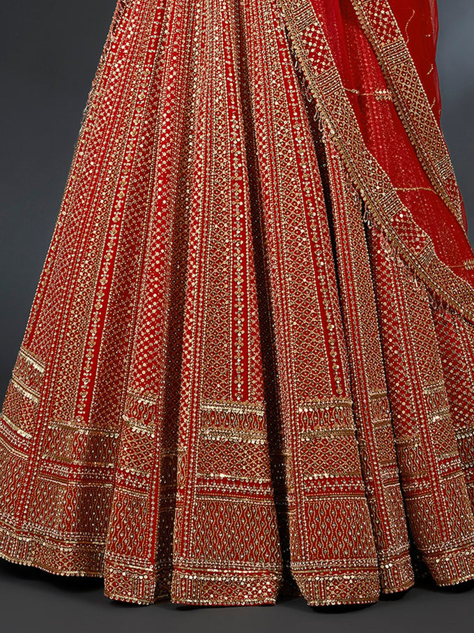 Red Satin Embroidery With Sequence Work Lehenga Choli Unstitch Blouse with Dupatta For Women