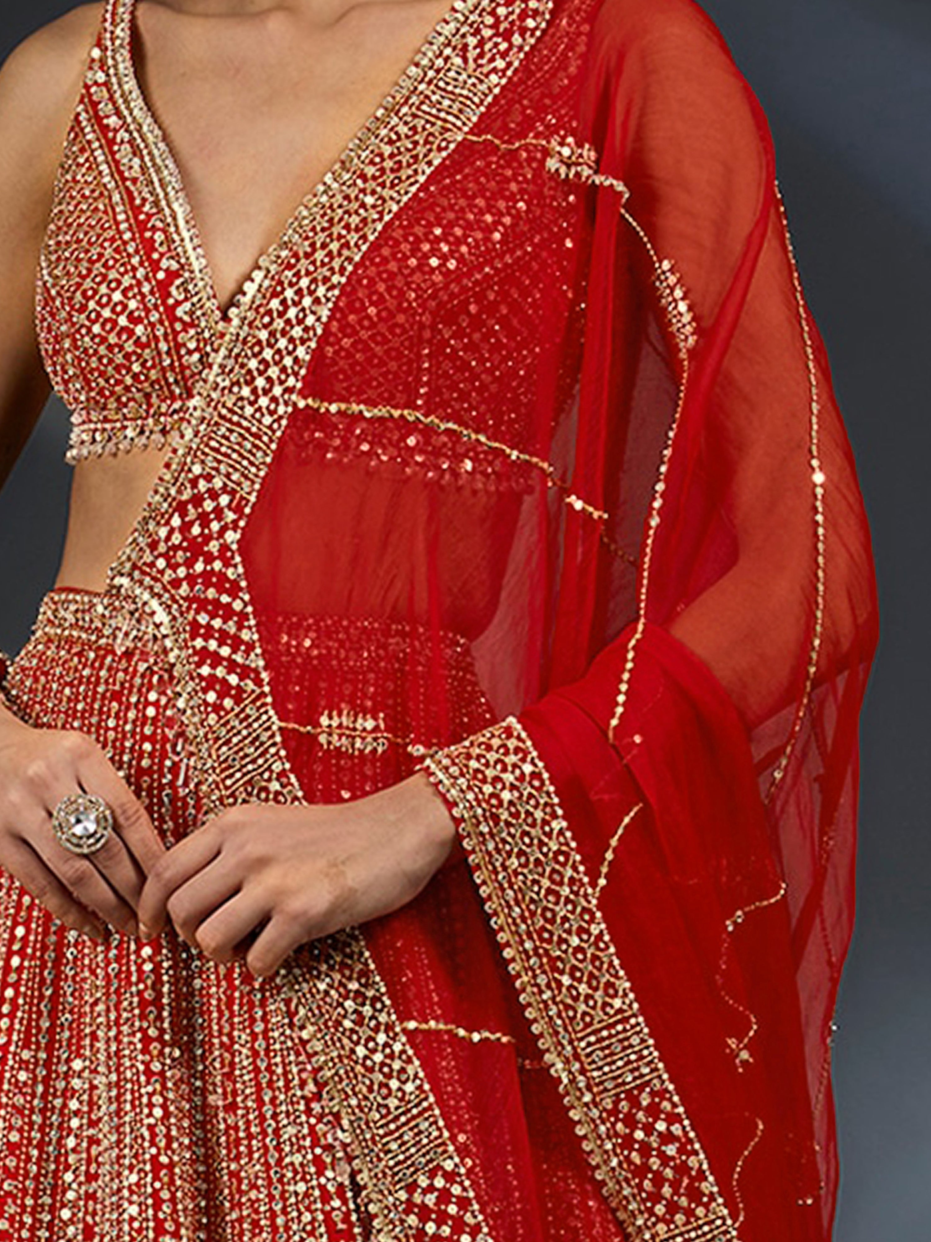 Red Satin Embroidery With Sequence Work Lehenga Choli Unstitch Blouse with Dupatta For Women