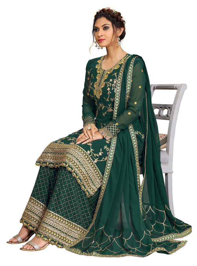 Georgette Embroidery Salwar Suit Set Kurta Sharara with Dupatta Green Kurta Set for Women Trendmallsin