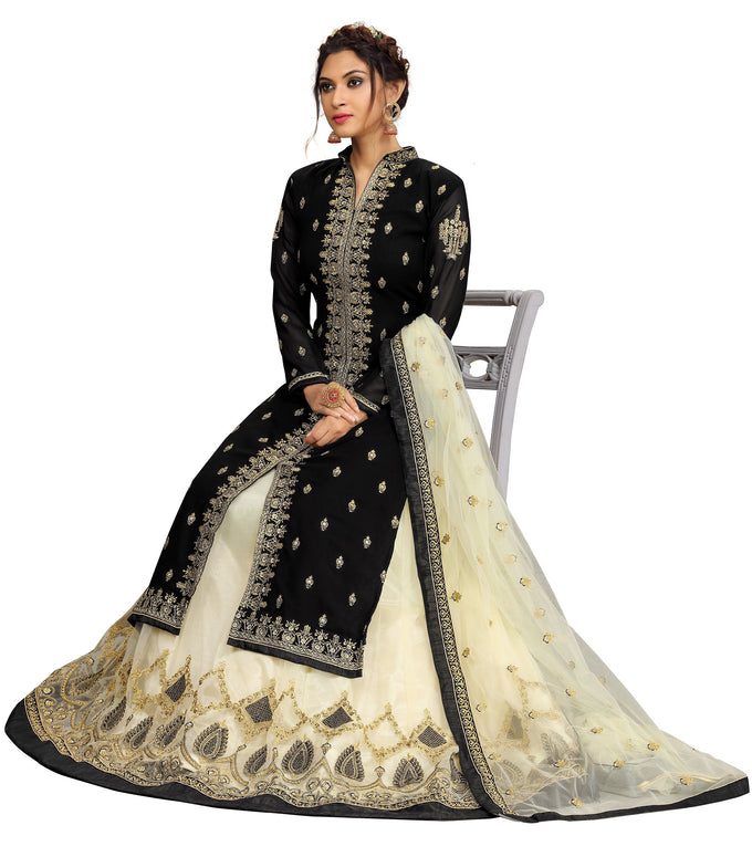 Black Georgette Net Embroidery Salwar Suit Set Kurta Lehenga with Dupatta For Women's Trendmallsin