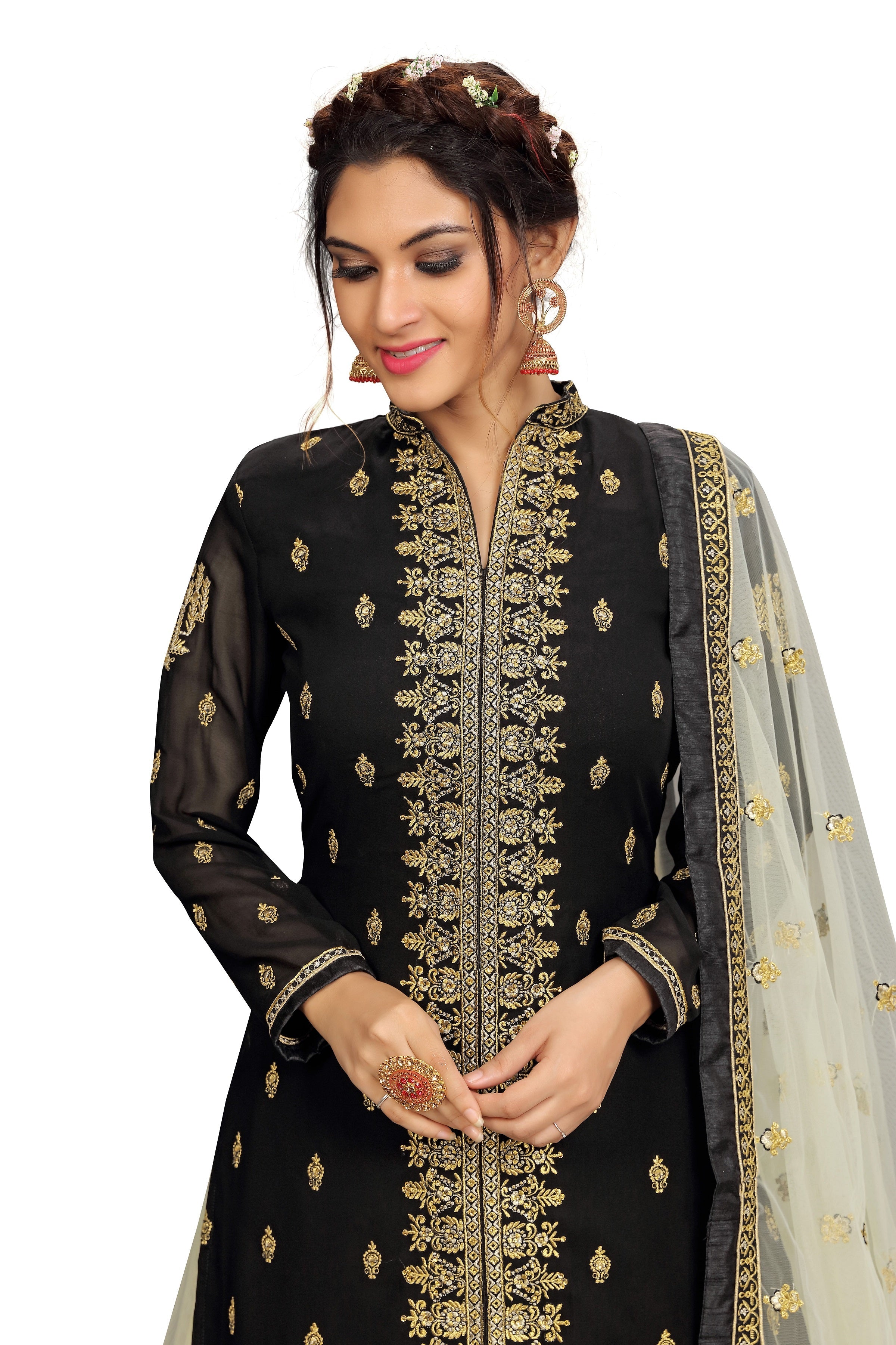 Black Georgette Net Embroidery Salwar Suit Set Kurta Lehenga with Dupatta For Women's Trendmallsin