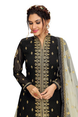 Black Georgette Net Embroidery Salwar Suit Set Kurta Lehenga with Dupatta For Women's Trendmallsin