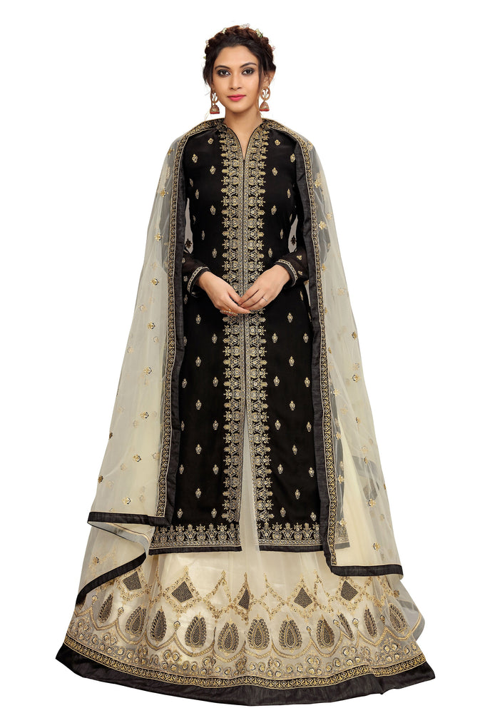 Black Georgette Net Embroidery Salwar Suit Set Kurta Lehenga with Dupatta For Women's Trendmallsin