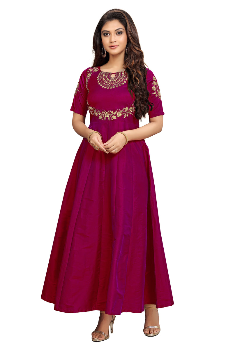 Leeva Silk Embroidery Anarkali Kurti Claf-Long Short Sleeve Kurti for Woman Trendmallsin
