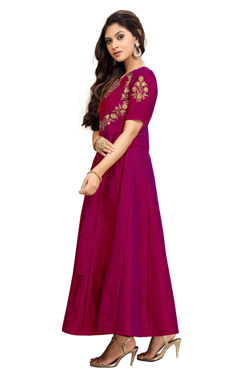 Leeva Silk Embroidery Anarkali Kurti Claf-Long Short Sleeve Kurti for Woman Trendmallsin