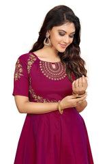 Leeva Silk Embroidery Anarkali Kurti Claf-Long Short Sleeve Kurti for Woman Trendmallsin
