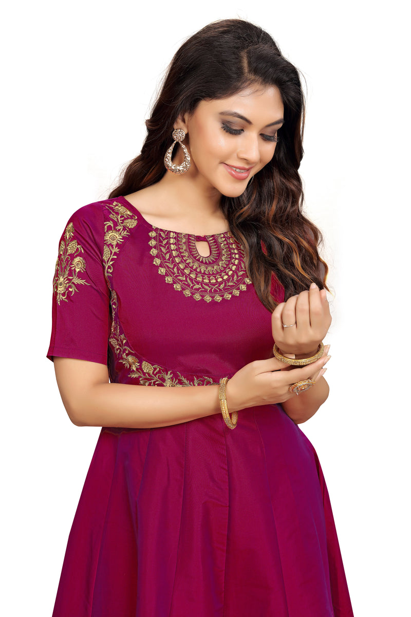 Leeva Silk Embroidery Anarkali Kurti Claf-Long Short Sleeve Kurti for Woman Trendmallsin