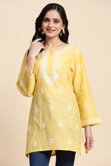 Cotton Embroidery Lucknowi Chikankari Kurta - Long Sleeve Straight Short Kurta for Women Trendmalls