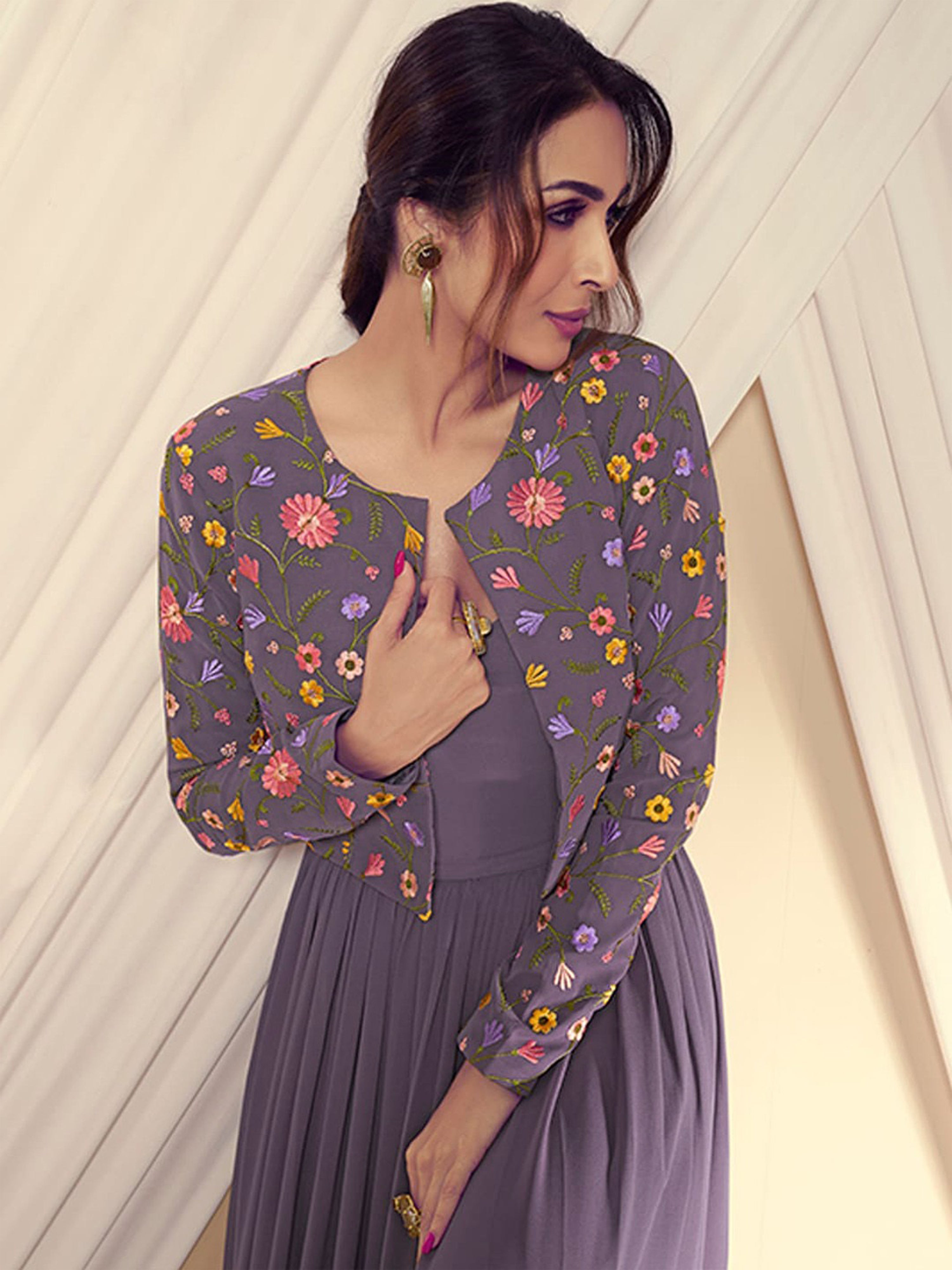 Purple Georgette Embroidery Work Anarkali Flared Kurti With Jacket For Women Trendmalls