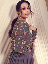 Purple Georgette Embroidery Work Anarkali Flared Kurti With Jacket For Women Trendmalls