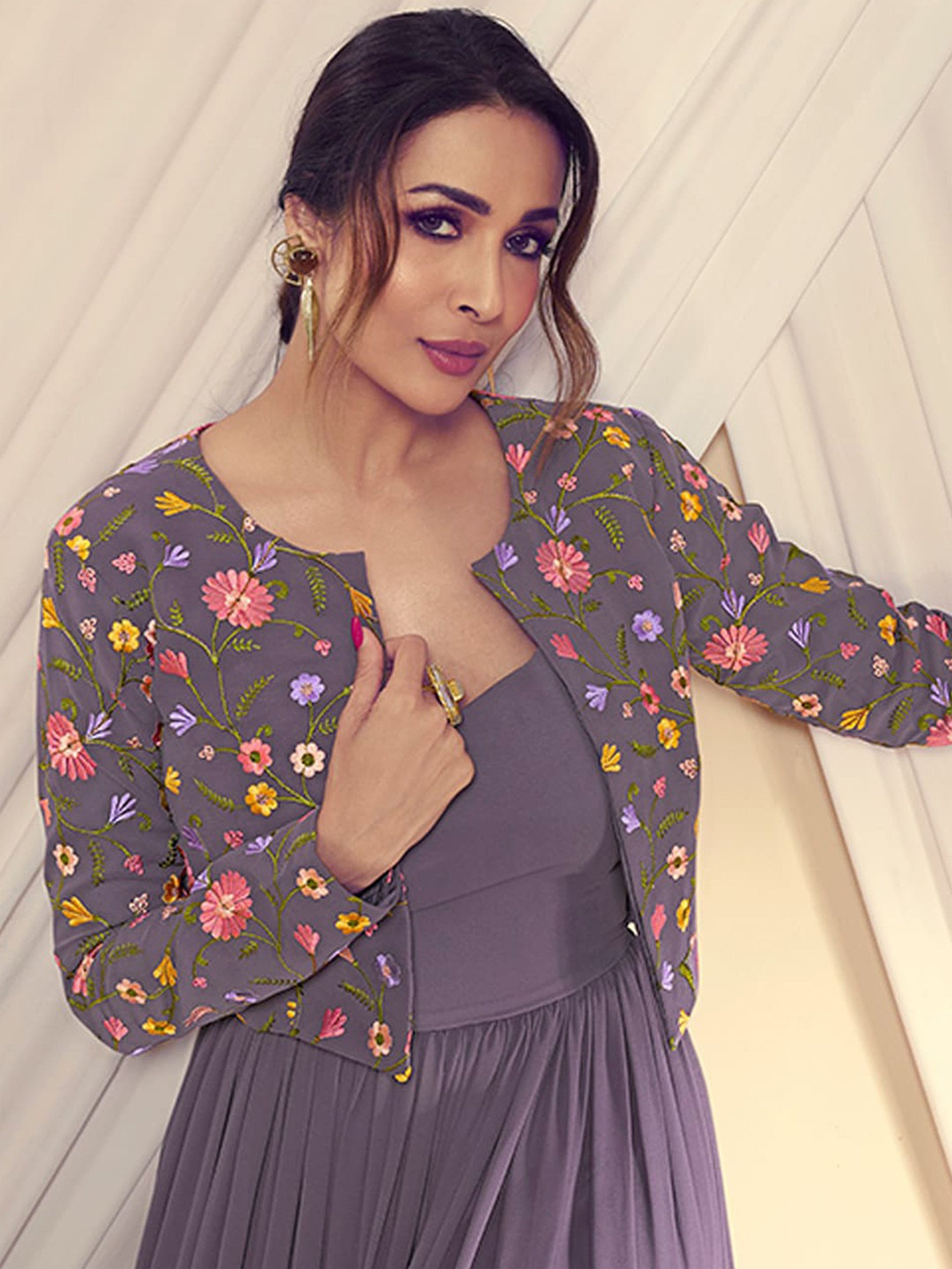 Purple Georgette Embroidery Work Anarkali Flared Kurti With Jacket For Women Trendmalls