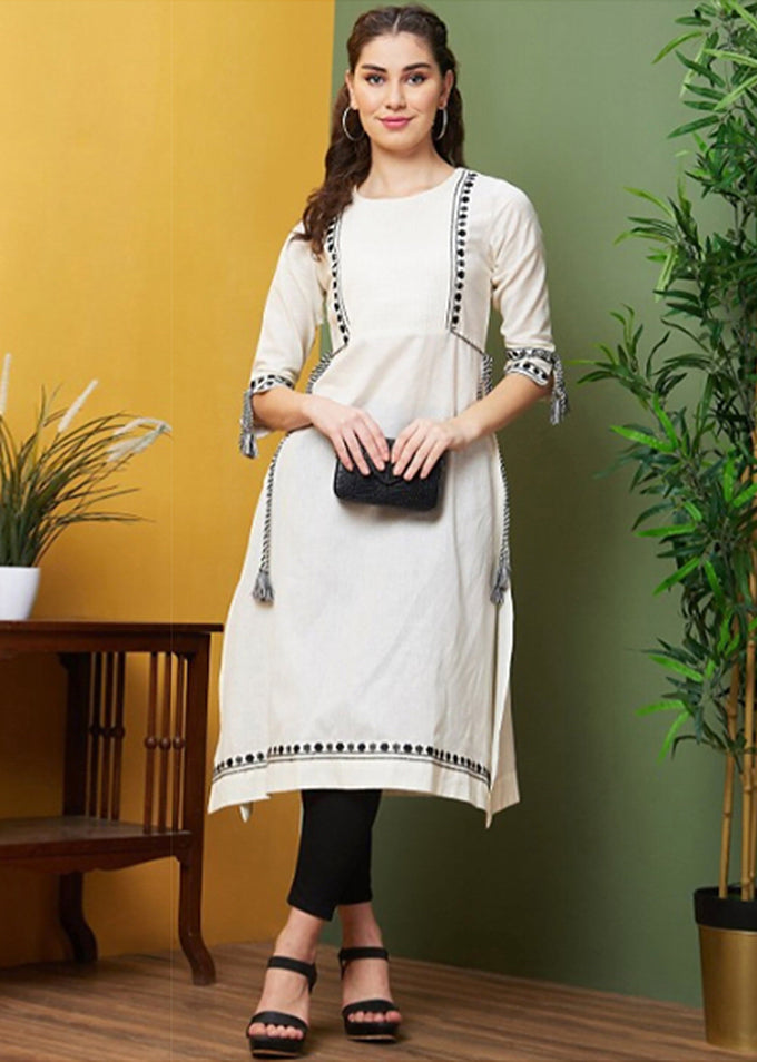 Grey Cotton Embroidery Kurti 3/4 Sleeve Calf Length Stright Kurti for Women Trendmallsin
