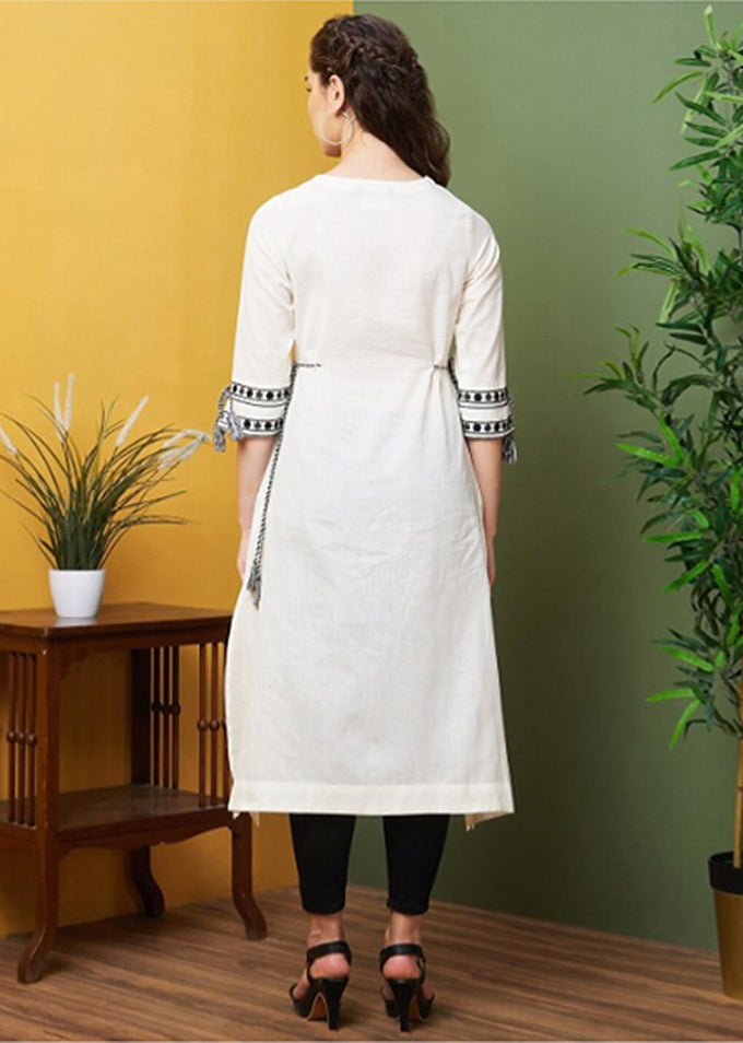 Grey Cotton Embroidery Kurti 3/4 Sleeve Calf Length Stright Kurti for Women Trendmallsin