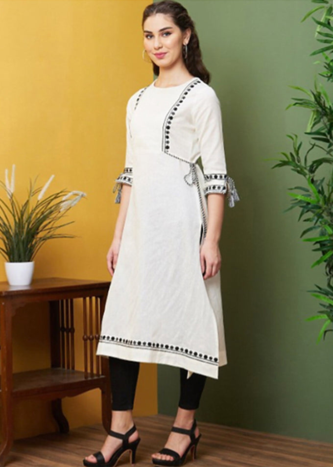 Grey Cotton Embroidery Kurti 3/4 Sleeve Calf Length Stright Kurti for Women Trendmallsin