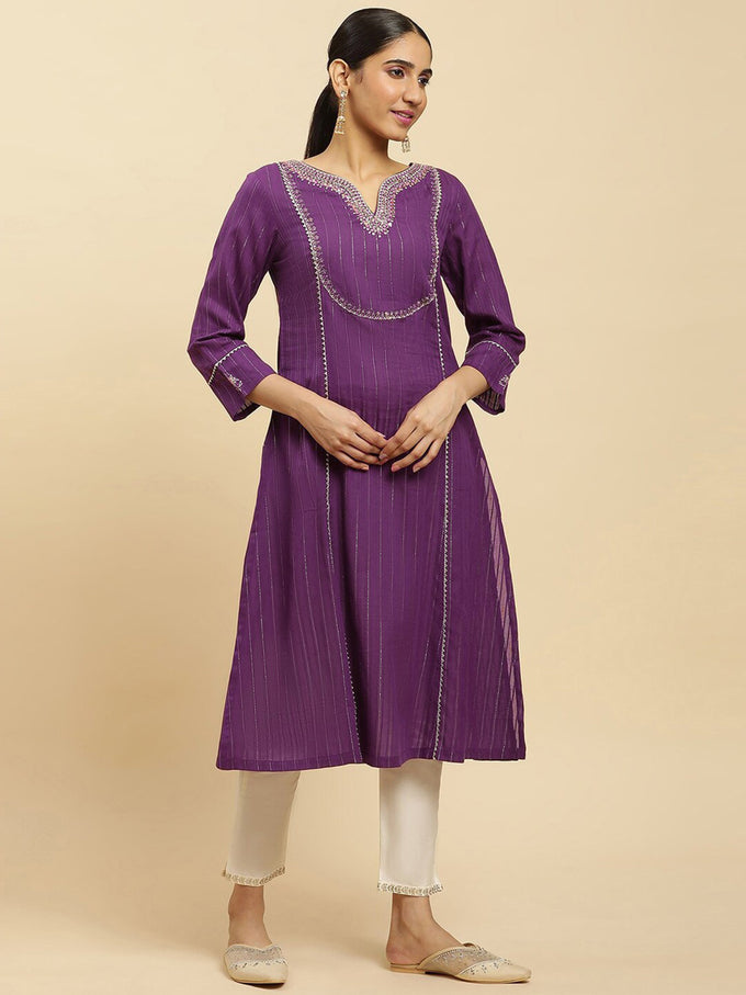 Cotton Embroidery Kurti 3/4 Sleeve Calf Length Stright Kurti for Women Trendmalls
